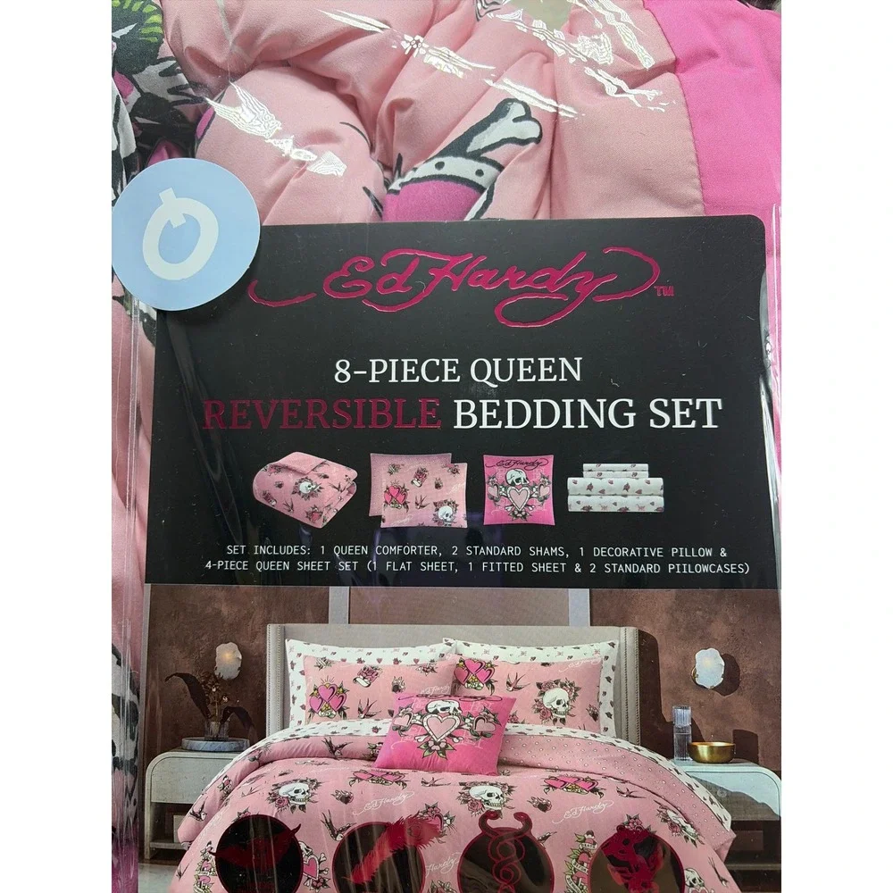 Ed Hardy Pink Tattoo Skull Heart 8 Piece Reversible Queen Bedding Comforter Set